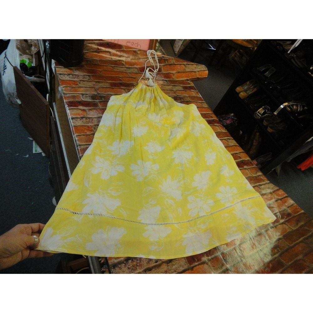 LuLus‎ yellow white flower tie around the neck summer lined dress M USA MADE